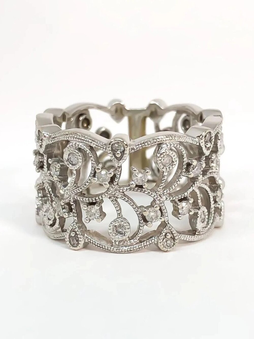 14KW .35ctw Diamond Filigree Lace Wide Lady’s Band Ring Sz 6.5